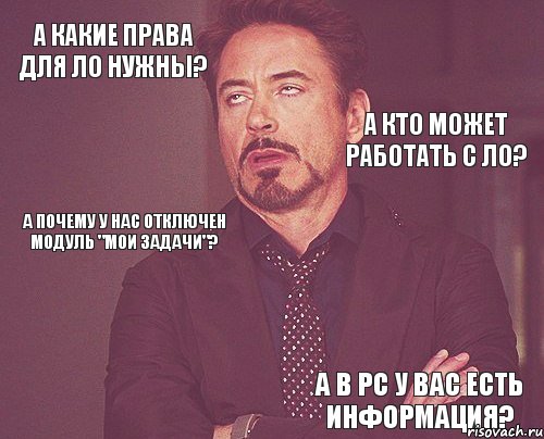 А какие права для ЛО нужны?  А почему у нас отключен модуль "Мои задачи"?     А в РС у вас есть информация?  А кто может работать с ЛО?, Комикс мое лицо