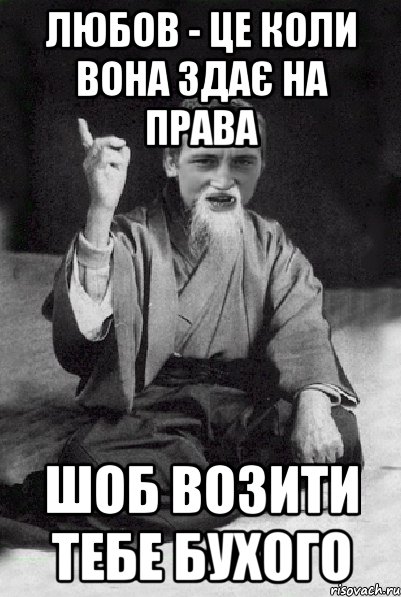 любов - це коли вона здає на права шоб возити тебе бухого, Мем Мудрий паца