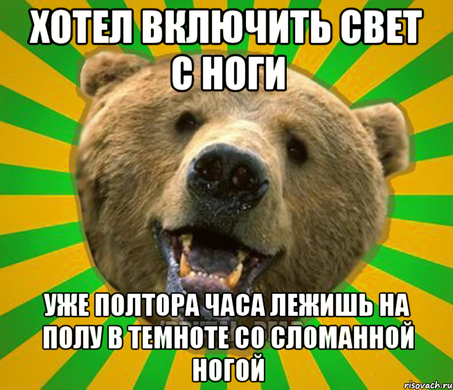 ХОТЕЛ ВКЛЮЧИТЬ СВЕТ С НОГИ УЖЕ ПОЛТОРА ЧАСА ЛЕЖИШЬ НА ПОЛУ В ТЕМНОТЕ СО СЛОМАННОЙ НОГОЙ, Мем Нелепый медведь