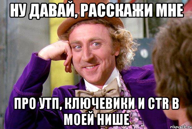 Ну давай, расскажи мне про УТП, ключевики и CTR в моей нише, Мем Ну давай расскажи (Вилли Вонка)