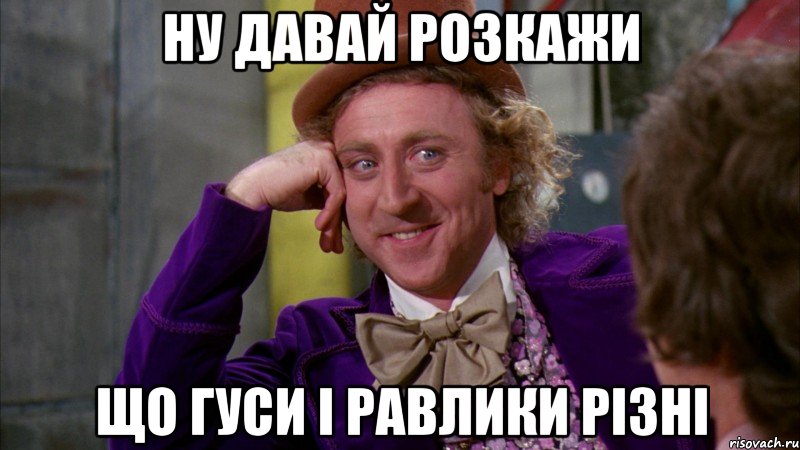 ну давай розкажи що гуси і равлики різні, Мем Ну давай расскажи (Вилли Вонка)