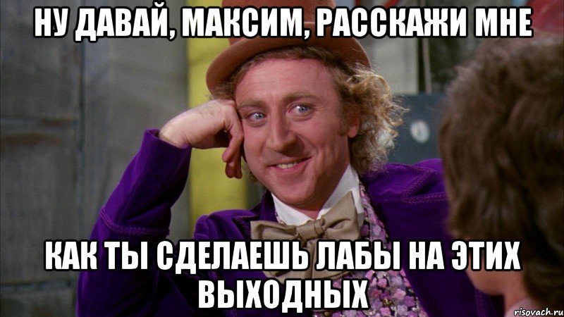 Ну давай, Максим, расскажи мне как ты сделаешь лабы на этих выходных, Мем Ну давай расскажи (Вилли Вонка)