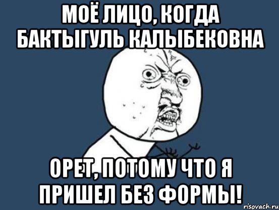 Моё лицо, когда Бактыгуль Калыбековна орет, потому что я пришел без формы!, Мем Ну почему