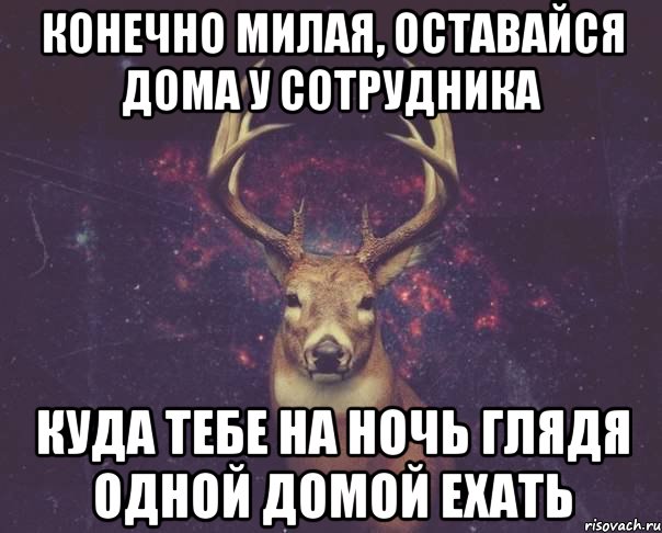 Конечно милая, оставайся дома у сотрудника Куда тебе на ночь глядя одной домой ехать, Мем  олень наивный