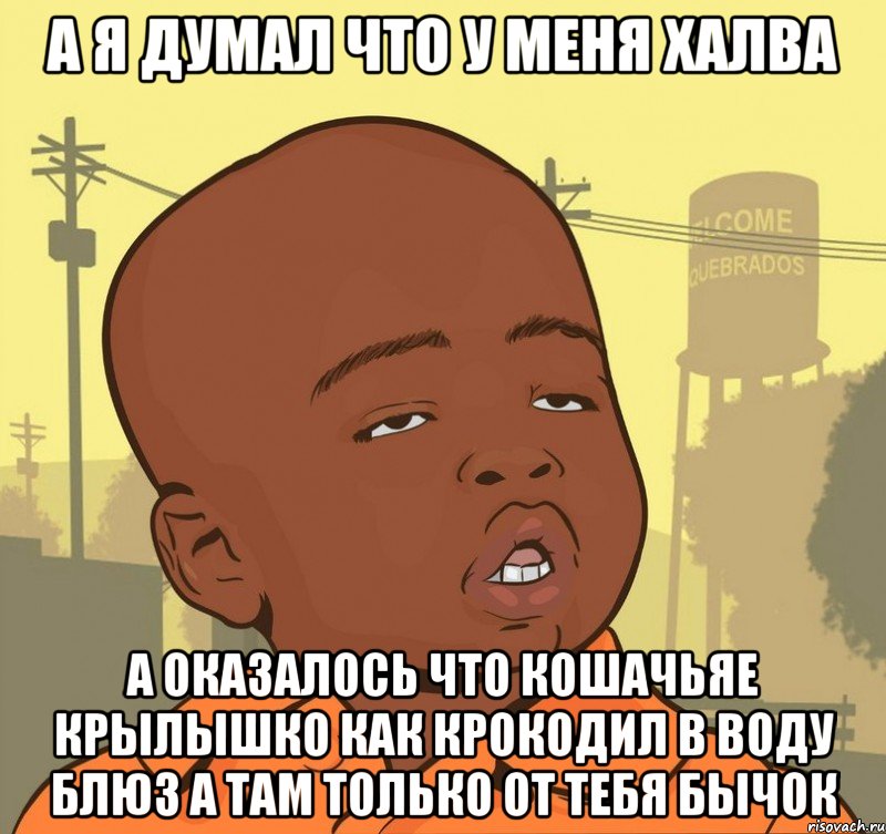 А я думал что у меня халва А оказалось что кошачьяе крылышко как крокодил в воду блюз а там только от тебя бычок, Мем Пацан наркоман