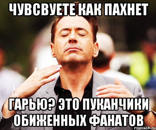 чувсвуете как пахнет гарью? Это пуканчики обиженных фанатов, Мем   Дауни-младший нюхает