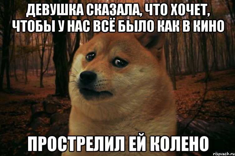 девушка сказала, что хочет, чтобы у нас всё было как в кино прострелил ей колено, Мем SAD DOGE