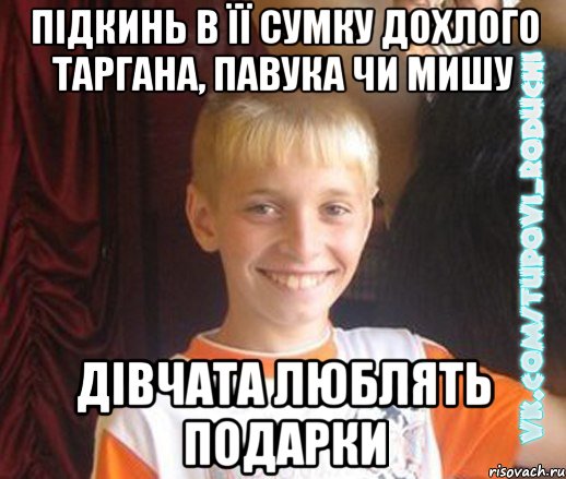 підкинь в її сумку дохлого таргана, павука чи мишу дівчата люблять подарки, Мем  Школяр