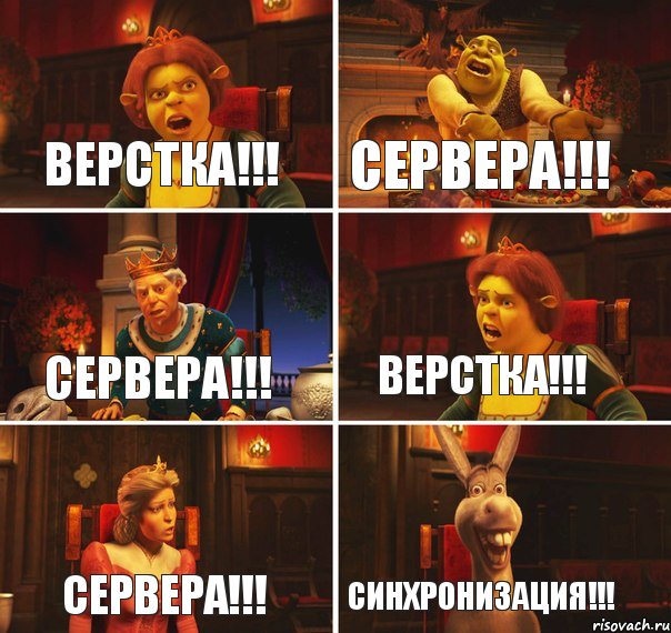 верстка!!! сервера!!! сервера!!! верстка!!! сервера!!! синхронизация!!!, Комикс  Шрек Фиона Гарольд Осел