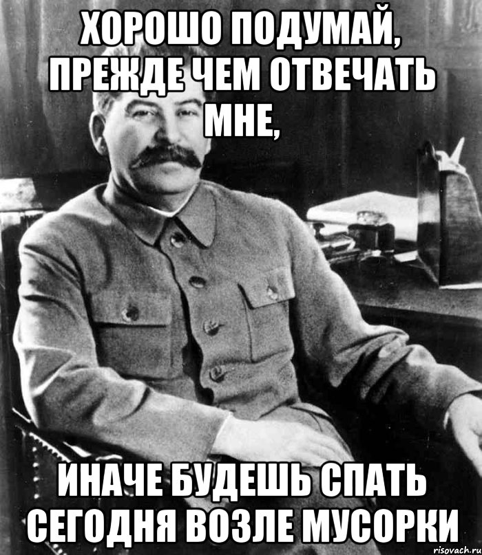 хорошо подумай, прежде чем отвечать мне, иначе будешь спать сегодня возле мусорки, Мем  иосиф сталин