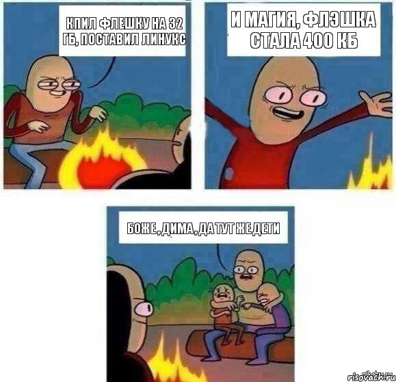 кпил флешку на 32 Гб, поставил линукс и магия, флэшка стала 400 Кб боже , дима , да тут же дети