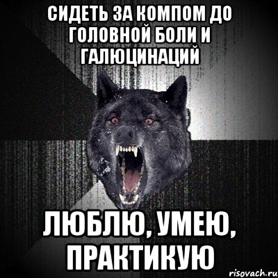 Сидеть за компом до головной боли и галюцинаций люблю, умею, практикую, Мем Сумасшедший волк