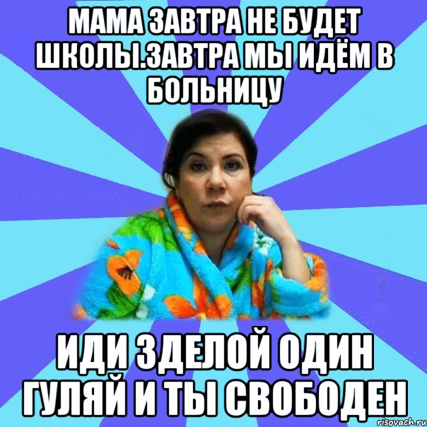 мама завтра не будет школы.Завтра мы идём в больницу иди зделой один гуляй и ты свободен, Мем типичная мама