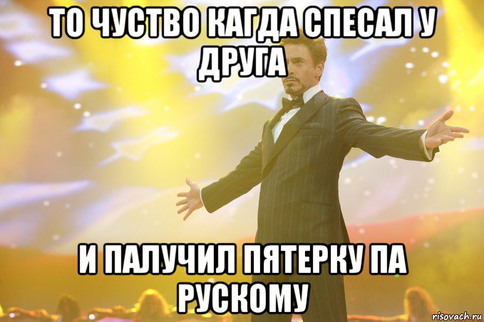 То чуство кагда спесал у друга и палучил пятерку па рускому, Мем Тони Старк (Роберт Дауни младший)