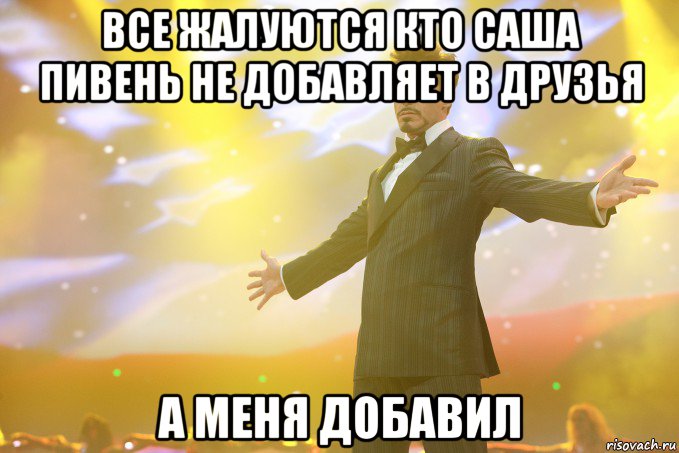 Все жалуются кто саша пивень не добавляет в друзья а меня добавил, Мем Тони Старк (Роберт Дауни младший)