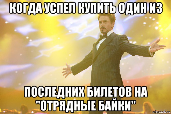 Когда успел купить один из последних билетов на "отрядные Байки", Мем Тони Старк (Роберт Дауни младший)