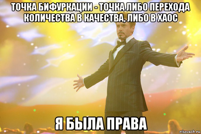 Точка бифуркации - точка либо перехода количества в качества, либо в хаос Я была права, Мем Тони Старк (Роберт Дауни младший)