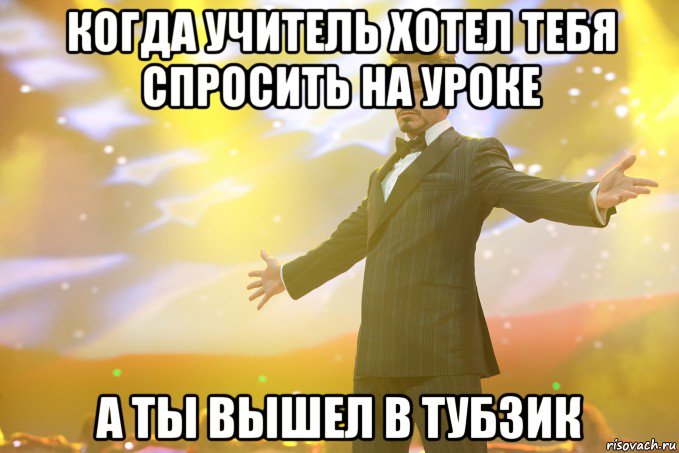 Когда учитель хотел тебя спросить на уроке А ты вышел в тубзик, Мем Тони Старк (Роберт Дауни младший)