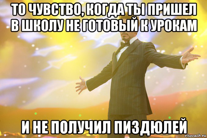 То чувство, когда ты пришел в школу не готовый к урокам И не получил Пиздюлей, Мем Тони Старк (Роберт Дауни младший)