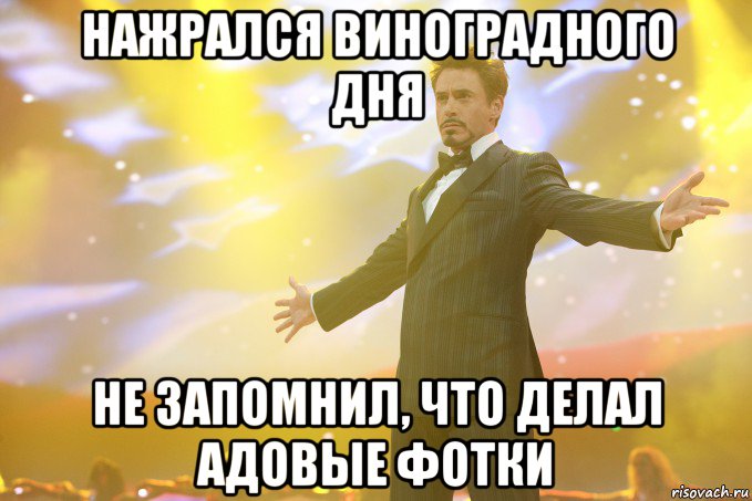 нажрался виноградного дня не запомнил, что делал адовые фотки, Мем Тони Старк (Роберт Дауни младший)