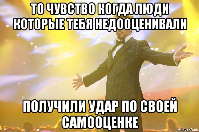 ТО ЧУВСТВО КОГДА ЛЮДИ КОТОРЫЕ ТЕБЯ НЕДООЦЕНИВАЛИ ПОЛУЧИЛИ УДАР ПО СВОЕЙ САМООЦЕНКЕ, Мем Тони Старк (Роберт Дауни младший)