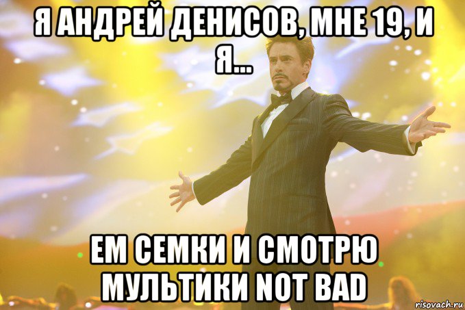 Я андрей денисов, мне 19, и я... Ем семки и смотрю мультики NOT BAD, Мем Тони Старк (Роберт Дауни младший)