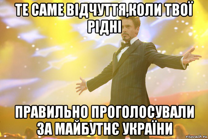 Те саме відчуття,коли твої рідні правильно проголосували за майбутнє України, Мем Тони Старк (Роберт Дауни младший)