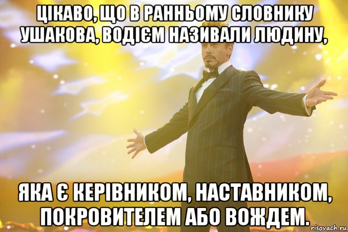 Цікаво, що в ранньому словнику Ушакова, водієм називали людину, яка є керівником, наставником, покровителем або вождем., Мем Тони Старк (Роберт Дауни младший)