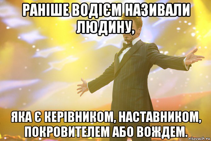 Раніше водієм називали людину, яка є керівником, наставником, покровителем або вождем., Мем Тони Старк (Роберт Дауни младший)