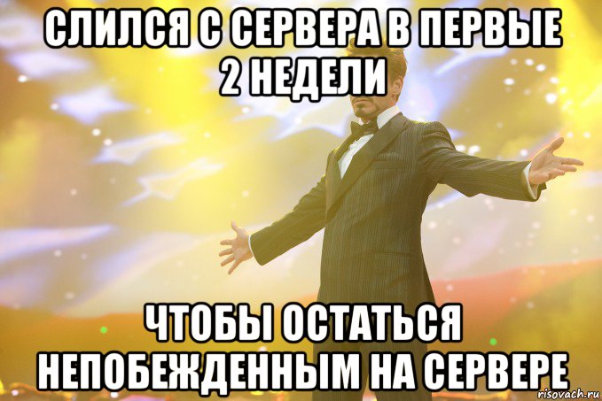 Слился с сервера в первые 2 недели Чтобы остаться непобежденным на сервере, Мем Тони Старк (Роберт Дауни младший)