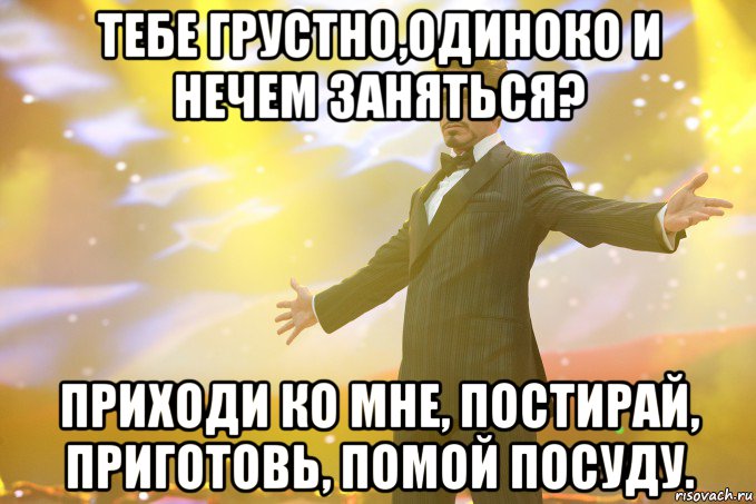 Тебе грустно,одиноко и нечем заняться? Приходи ко мне, постирай, приготовь, помой посуду., Мем Тони Старк (Роберт Дауни младший)