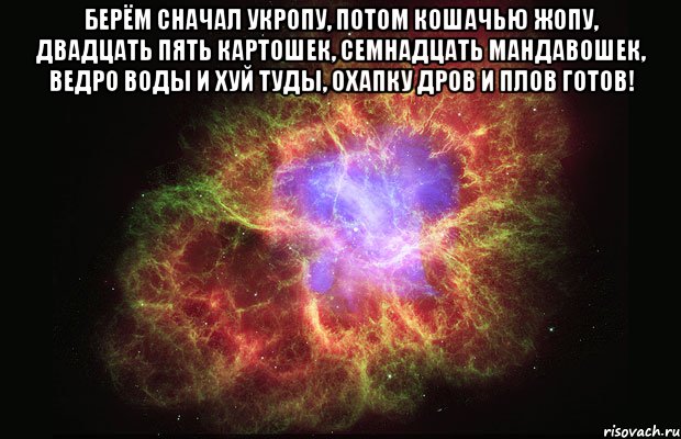 Берём сначал укропу, Потом кошачью жопу, Двадцать пять картошек, Семнадцать мандавошек, Ведро воды и хуй туды, Охапку дров и плов готов! , Мем Туманность