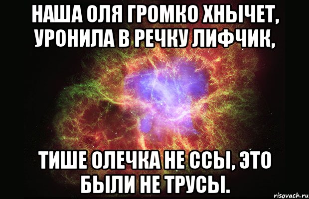 Наша Оля громко хнычет, Уронила в речку лифчик, Тише Олечка не ссы, Это были не трусы., Мем Туманность