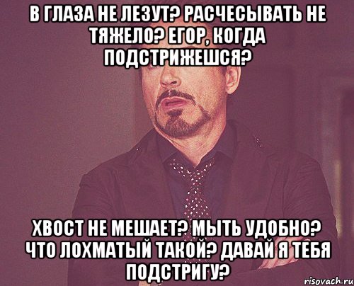 В глаза не лезут? расчесывать не тяжело? Егор, когда подстрижешся? Хвост не мешает? мыть удобно? что лохматый такой? Давай я тебя подстригу?, Мем твое выражение лица