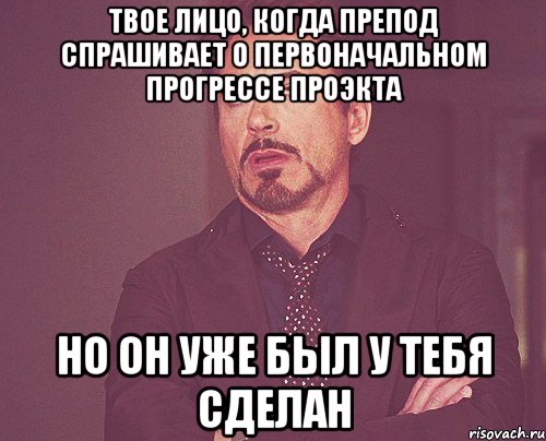 твое лицо, когда препод спрашивает о первоначальном прогрессе проэкта но он уже был у тебя сделан, Мем твое выражение лица