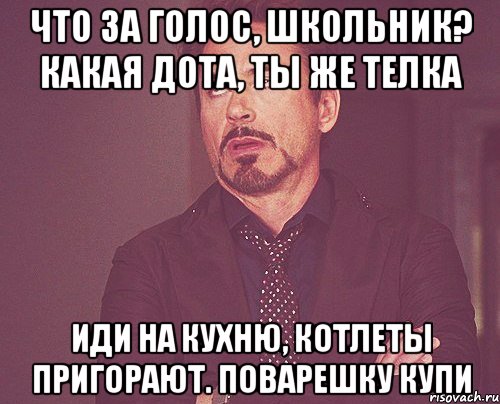 Что за голос, школьник? Какая дота, ты же телка Иди на кухню, котлеты пригорают. Поварешку купи, Мем твое выражение лица