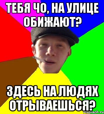 тебя чо, на улице обижают? здесь на людях отрываешься?, Мем умный гопник