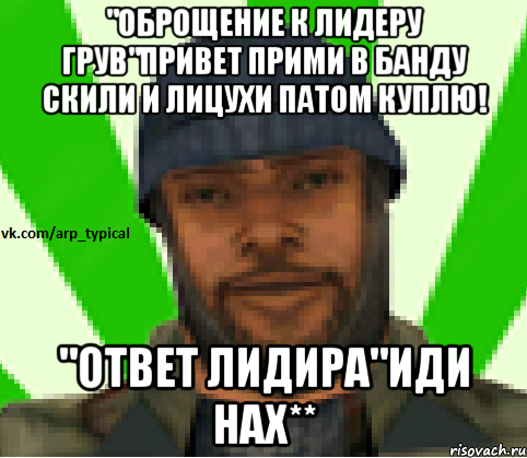 "Оброщение к лидеру Грув"Привет прими в банду скили и лицухи патом куплю! "Ответ лидира"Иди нах**, Мем Vkcomarptypical