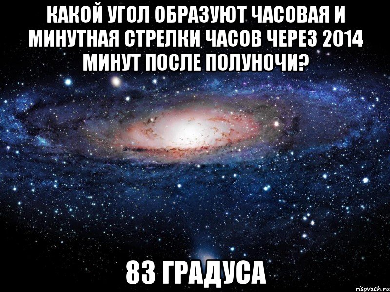 Какой угол образуют часовая и минутная стрелки часов через 2014 минут после полуночи? 83 градуса, Мем Вселенная