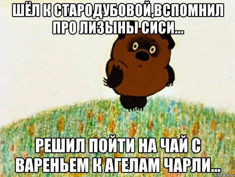 Шёл к Стародубовой,вспомнил про Лизыны сиси... Решил пойти на чай с вареньем к Агелам Чарли..., Мем ВИННИ ПУХ