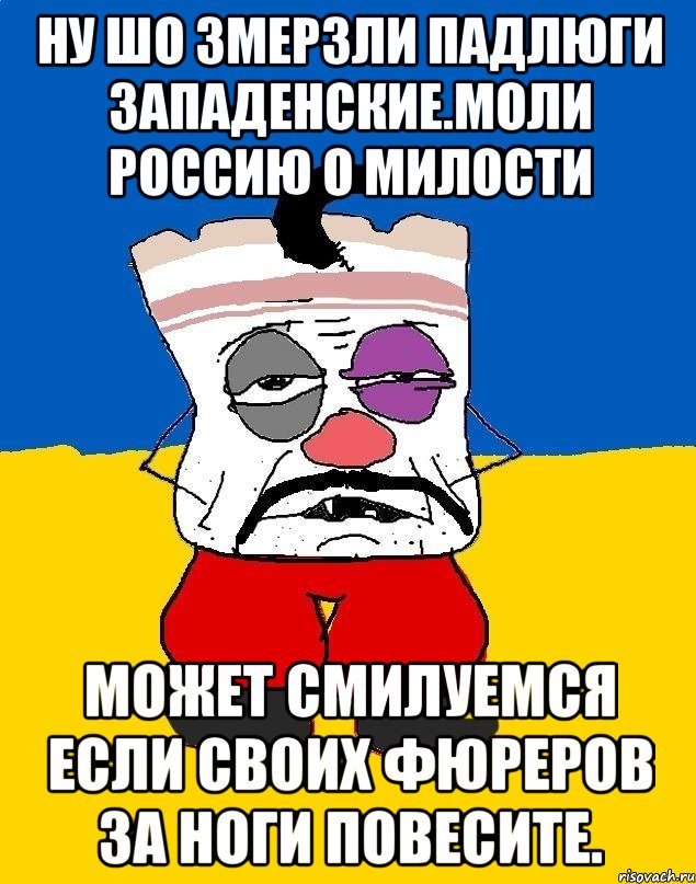 Ну шо змерзли падлюги западенские.моли россию о милости Может смилуемся если своих фюреров за ноги повесите., Мем Западенец - тухлое сало