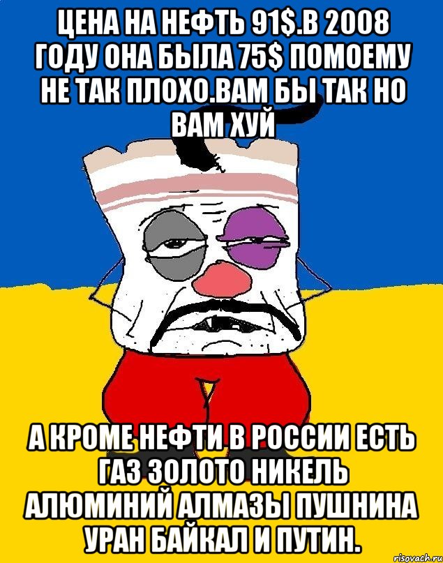 Цена на нефть 91$.в 2008 году она была 75$ помоему не так плохо.вам бы так но вам хуй А кроме нефти в россии есть газ золото никель алюминий алмазы пушнина уран байкал и путин., Мем Западенец - тухлое сало