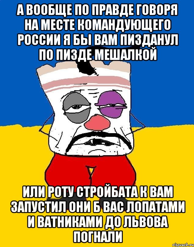 А вообще по правде говоря на месте командующего россии я бы вам пизданул по пизде мешалкой Или роту стройбата к вам запустил они б вас лопатами и ватниками до львова погнали, Мем Западенец - тухлое сало