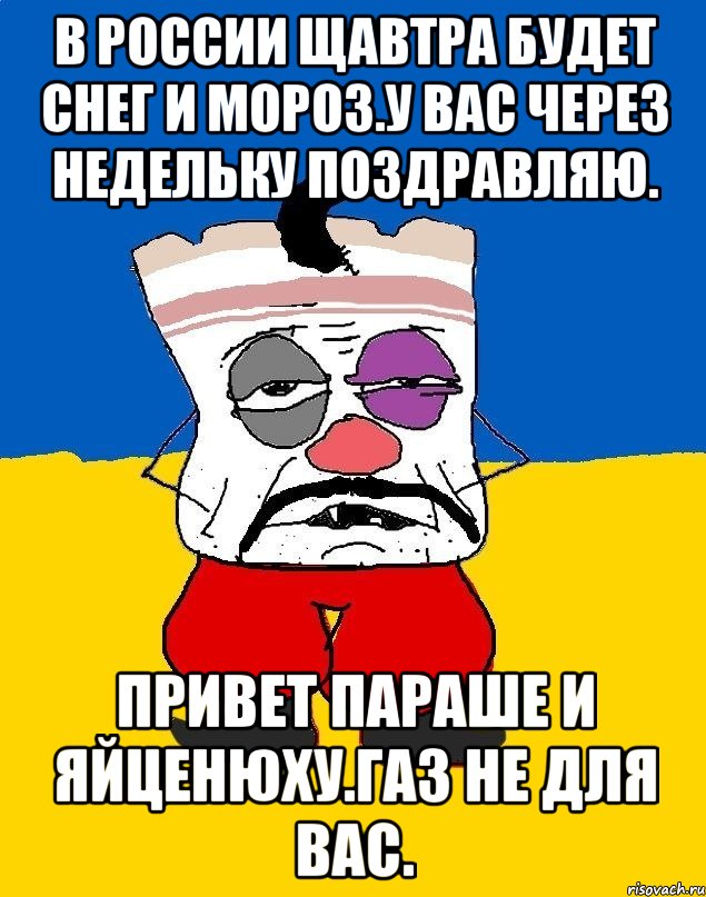 В россии щавтра будет снег и мороз.у вас через недельку поздравляю. Привет параше и яйценюху.газ не для вас., Мем Западенец - тухлое сало