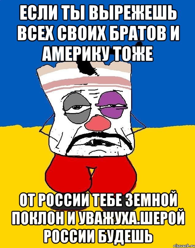 Если ты вырежешь всех своих братов и америку тоже От россии тебе земной поклон и уважуха.шерой россии будешь, Мем Западенец - тухлое сало