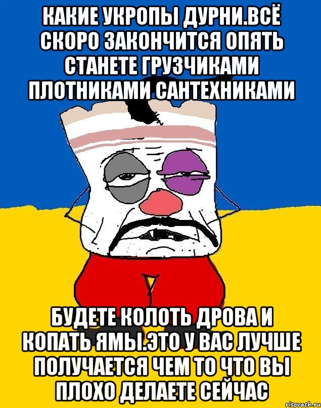 Какие укропы дурни.всё скоро закончится опять станете грузчиками плотниками сантехниками Будете колоть дрова и копать ямы.это у вас лучше получается чем то что вы плохо делаете сейчас, Мем Западенец - тухлое сало