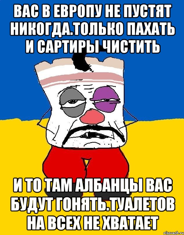 Вас в европу не пустят никогда.только пахать и сартиры чистить И то там албанцы вас будут гонять.туалетов на всех не хватает, Мем Западенец - тухлое сало