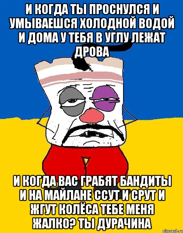 И когда ты проснулся и умываешся холодной водой и дома у тебя в углу лежат дрова И когда вас грабят бандиты и на майлане ссут и срут и жгут колёса тебе меня жалко? Ты дурачина, Мем Западенец - тухлое сало