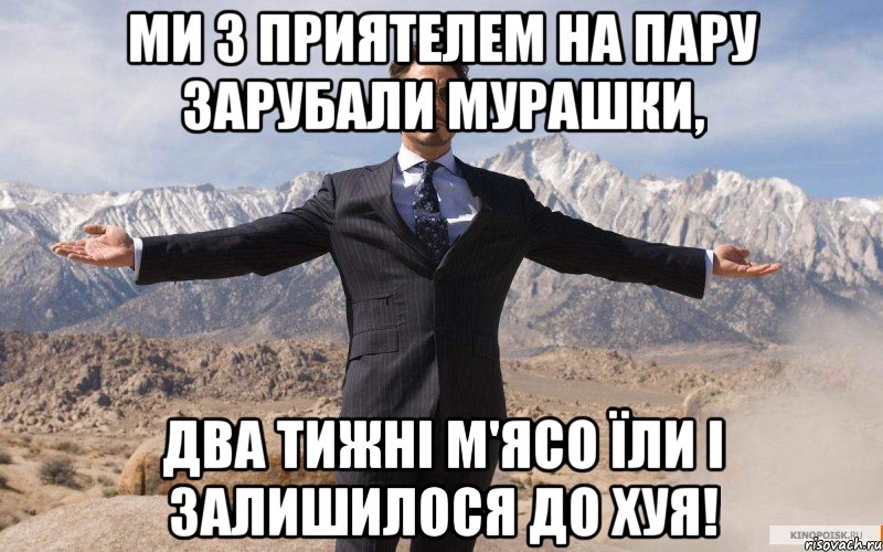 Ми з приятелем на пару Зарубали мурашки, Два тижні м'ясо їли І залишилося до хуя!, Мем железный человек