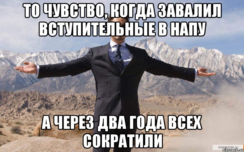 то чувство, когда завалил вступительные в напу а через два года всех сократили, Мем железный человек